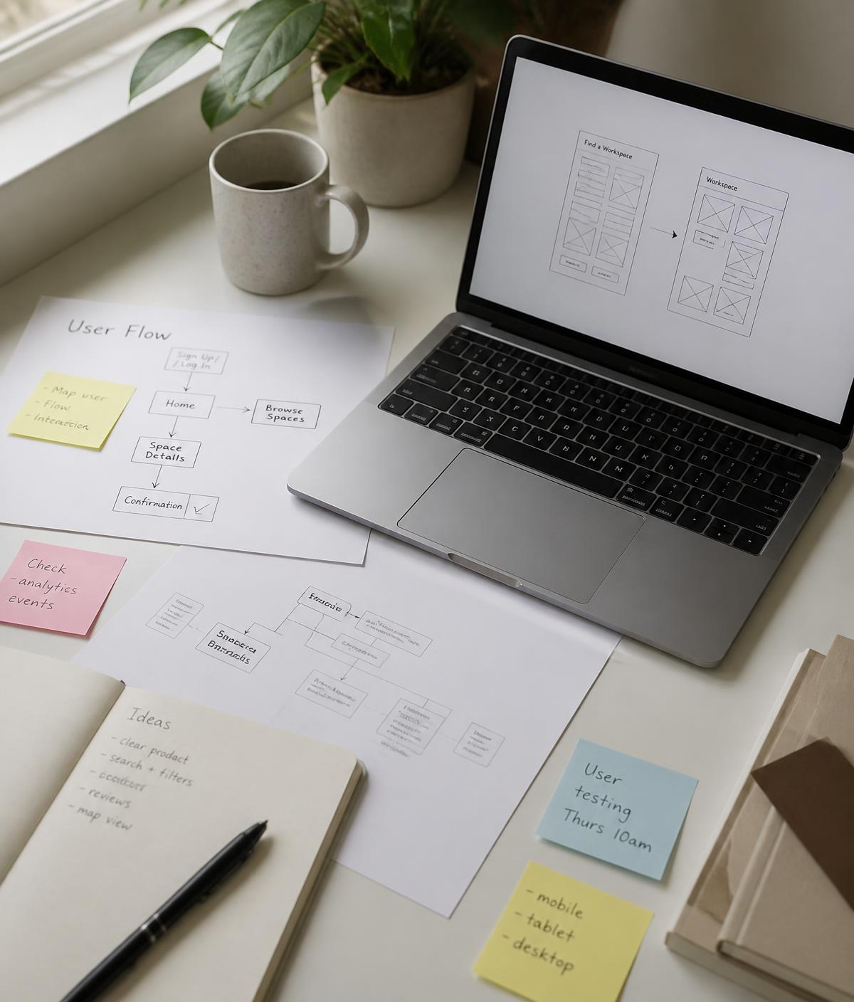 A desk with wireframes, a user flow diagram, and research notes